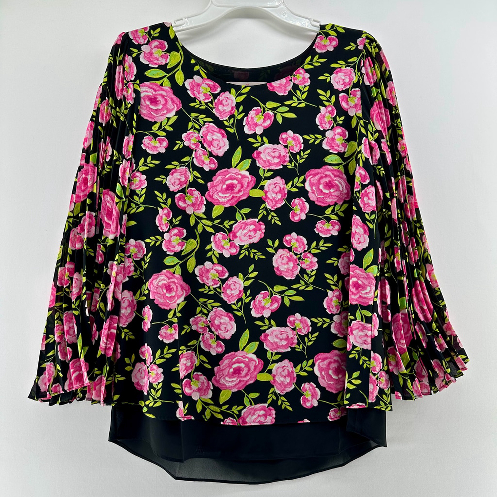 LAURIE FELT Rose Printed Top w/ Pleated Sleeves Pink WOMENS M